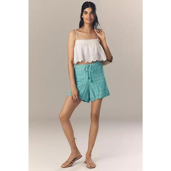 Farm Rio Crochet Tie Knit Shorts Drawstring Waist Women's Size L Turquoise - Picture 2 of 4